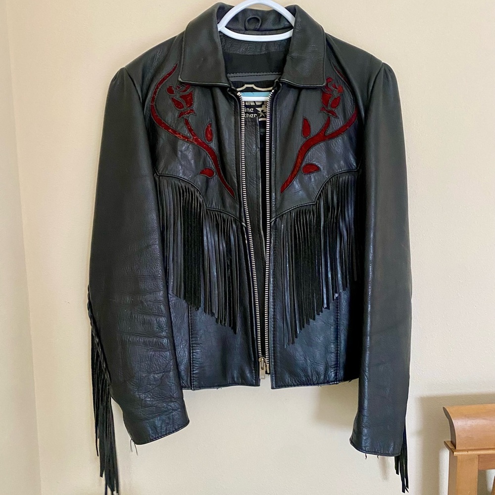 Harley Davidson Leather Jacket with Rose and Fringe Accents